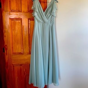 Sage, floor length bridesmaid dress.